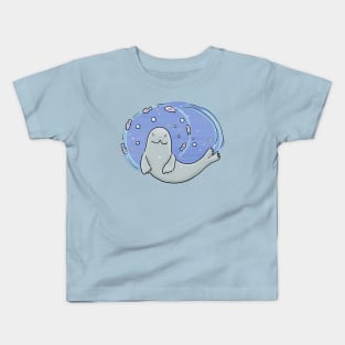 Cute happy seal and fish blue cartoon illustration Kids T-Shirt